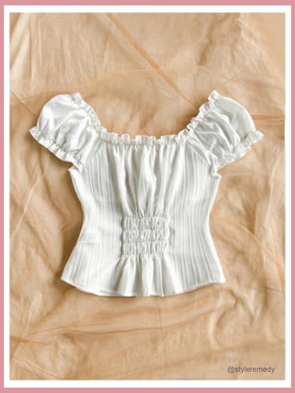 Bow Tie Front Ruched Blouse with Puff Sleeve Square Neck - Picture 2 of 5
